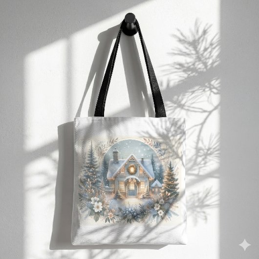 Tote Bag Scène de cabane enneigée lumineuse