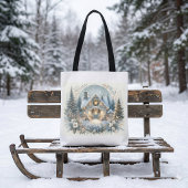 Tote Bag Scène de cabane enneigée lumineuse