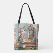 Tote Bag Scène de patchwork floral avec un chat sur une vér (Dos)