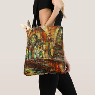 TOTE BAG SCÈNE DE PUB IRLANDAIS STYLE VITRAUX