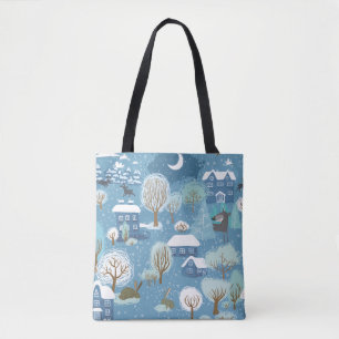 Tote Bag Scène de village vintage de la nuit d'hiver