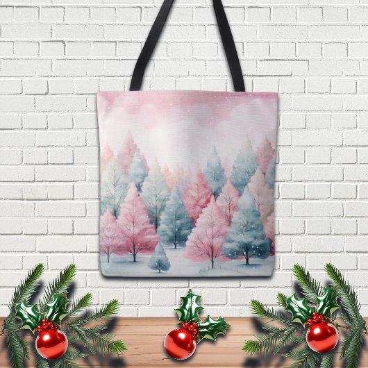Tote Bag Scène hivernale de la menthe et des sapins roses