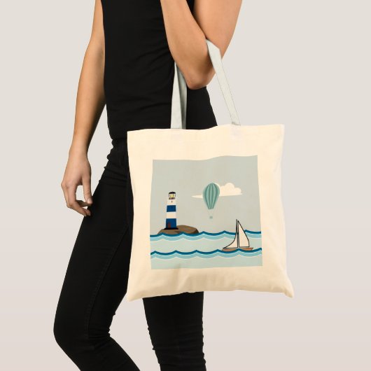 Tote Bag Scene nautical with Lighthouse and Sailboat (Devant (produit))