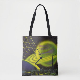 Tote Bag Science-fiction vintage Neon Green Planet w Rings