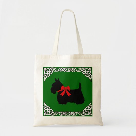 Tote Bag Scottish Terrier noir, white cletic braid, bow (Devant)