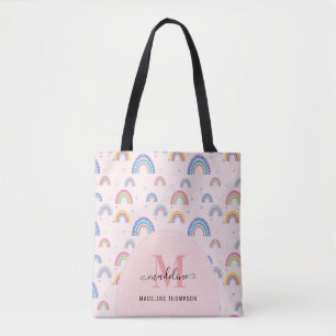 Tote Bag Script Coeur arc-en-ciel chic Monogramme Boho rose