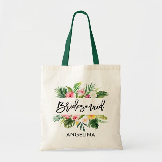 Tote Bag Script de brosse moderne Tropical Green Bridesmaid (Devant)