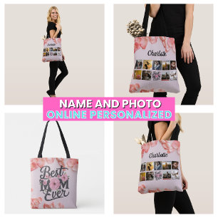 Tote Bag Script de collage photo de mère florale Meilleure 