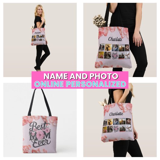 Tote Bag Script de collage photo de mère florale Meilleure