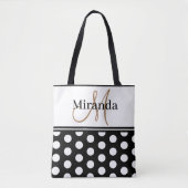 Tote Bag Script de monogramme noir blanc Pois (Devant)