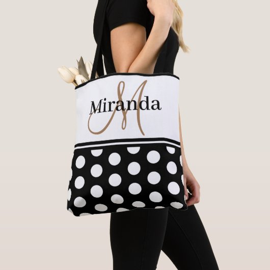 Tote Bag Script de monogramme noir blanc Pois (De près)