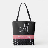 Tote Bag Script de monogramme noir blanc rose pois (Dos)