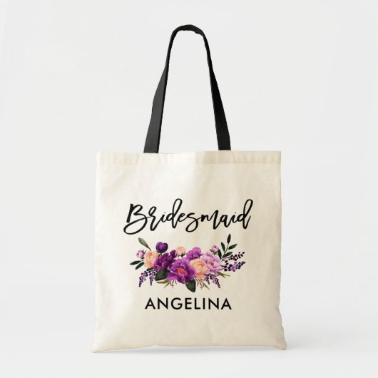 Tote Bag Script de pinceau moderne Bridesmaid Floral violet (Devant)