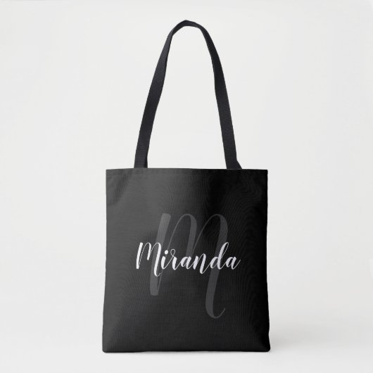 Tote Bag Script moderne Monogramme personnalisé et nom noir (Devant)