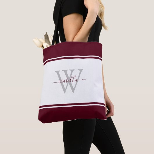 Tote Bag Script monogramme Bourgogne initiale (De près)
