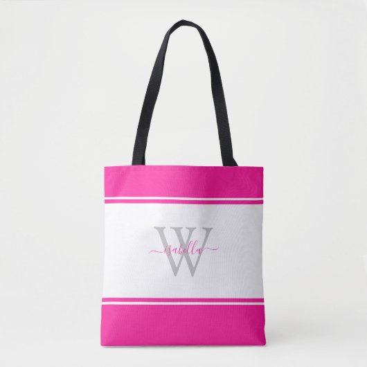 Tote Bag Script monogramme initial Magenta Hot Pink (Devant)