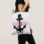 Tote Bag script NAUTI LIFE mignon, nautique avec ancre | (De près)