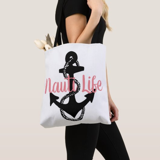 Tote Bag script NAUTI LIFE mignon, nautique avec ancre | (De près)