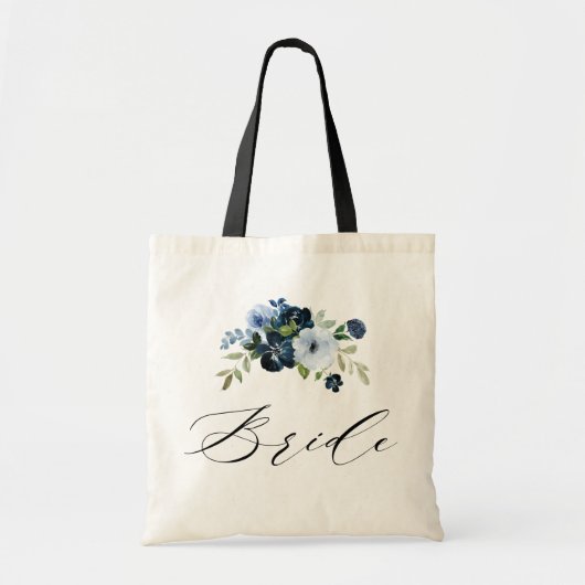 Tote Bag script simple marine bleu floral mariée (Devant)