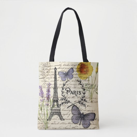 Tote Bag scripts papillon français chic tour eiffel paris (Devant)