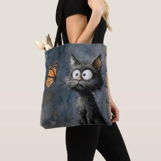 Tote Bag Scruffy Cat Staring at a Butterfly