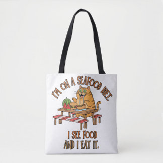Tote Bag Seafood Diet Joke – Hungry Cat with Hot Dog