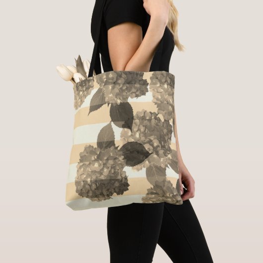 Tote Bag Sepia Hydrangea avec des rayures Fourre-tout (De près)