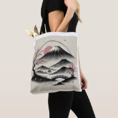 Tote Bag Serene Mount Fuji et Cherry Blossom Ink Art (De près)