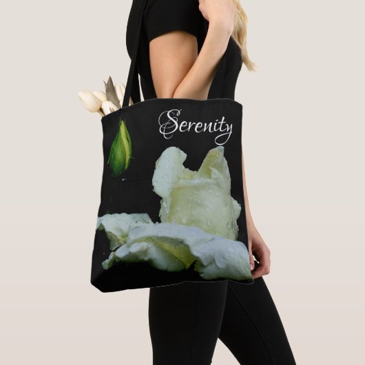 Tote Bag Serenity White Rosebud Mots Inspirants (De près)