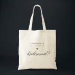 Tote Bag Serez-vous ma demoiselle d'honneur ? Proposition é<br><div class="desc">Ce sac fourre-tout élégant est le moyen idéal de demander : "Serez-vous ma demoiselle d'honneur ?" Avec son design moderne et minimaliste, sa calligraphie noir et blanc en écriture élégante, c'est un choix stylé pour une proposition de demoiselle d'honneur. Simple mais sophistiqué, ce sac ajoute une touche spéciale à votre...</div>