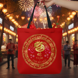 Tote Bag Serpent du Zodiaque Chinois Rouge/Or ID542