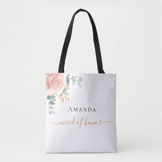 Tote Bag Servante d'honneur rose or fleurie eucalyptus vert (Devant)