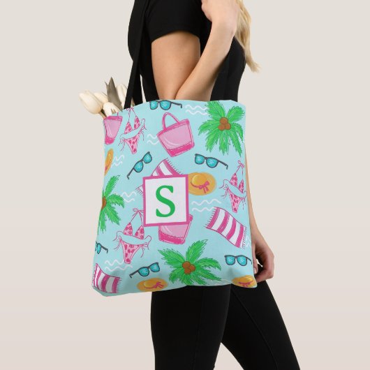 Tote Bag Serviette de plage préppy Bikini Palmier Monogramm (De près)