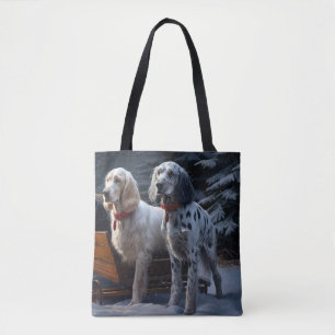 Tote Bag Setter Anglais Décor de Noël Traîneau enneigé