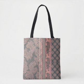 Tote Bag Shabby Chic Rose Poussiéreuse Rose Gris Damassé Pa