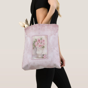 Tote Bag Shabby Chic Vase Vintage avec Roses