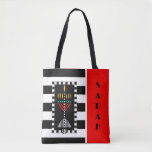 Tote Bag Shalom Menorah Personnalisé<br><div class="desc">Cette fourre-tout personnalisée et sophistiquée attire l'oeil et présente une menorah colorée sur des rayures noires et blanches audacieuses. Fourre-tout back est coordonné et dit,  "Shalom" en anglais et en hébreu. ~ karyn</div>