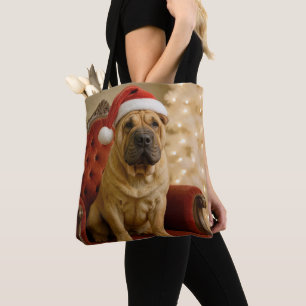 Tote Bag Shar-Pei de Noël avec un chapeau de Père Noël