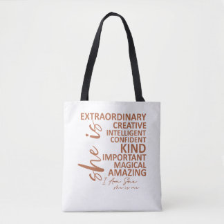 Tote Bag "She is Me" Mocha Mousse Affirmation Typography