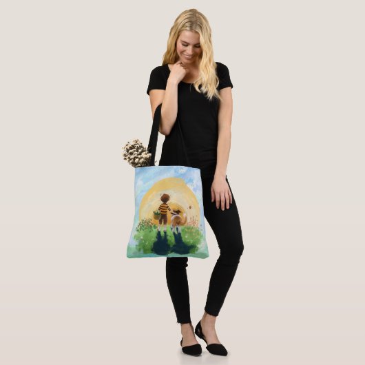 Tote Bag Sheltie Dog and Boy Walk in Sunset (Sur le modèle)