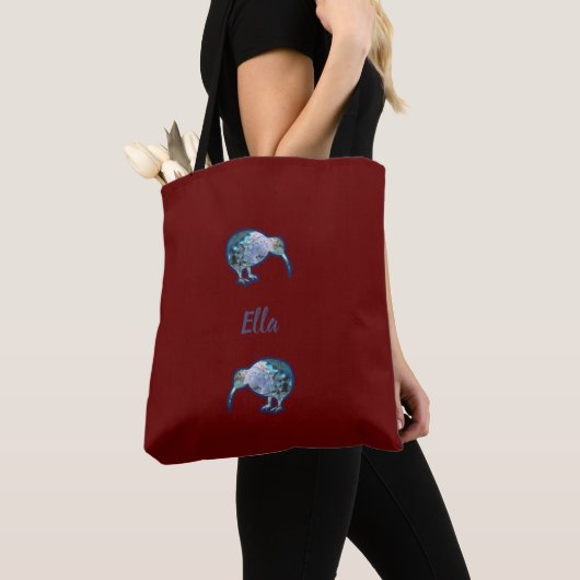 Tote Bag Shiny Pāua Kiwi Bird, en rouge, Personnalisé Perso (De près)