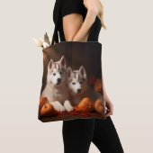 Tote Bag Sibérie Husky Puppy Citrouille d'automne (De près)