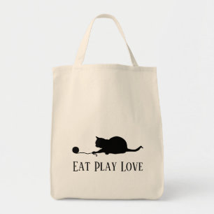 Tote Bag Silhouette de chat à jouer "Mange Jouer Amour"