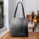 Tote Bag Silver Black Girl Parties scintillant étincelante<br><div class="desc">Sac de livre Monogramme Elégant de Parties scintillant et de Faux Noir et Argent. Ce sac de livre peut être customisé pour inclure votre nom initial et prénom et donné comme cadeau pour Noël,  Sweet 16 Anniversaire,  Fête des mariées ou Mariage.</div>
