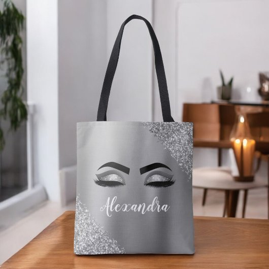 Tote Bag Silver Glitter Sparkle Eyelashes Monogram