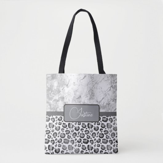 Tote Bag Silver Marble Glittery Silver Leopard Personnalisé (Devant)