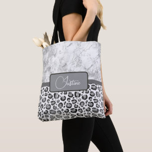 Tote Bag Silver Marble Glittery Silver Leopard Personnalisé