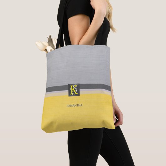 Tote Bag Simple deux tons jaune et gris Initiales Monogramm (De près)
