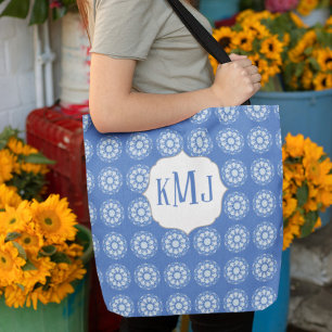 Tote Bag Simple Floral Navy bleu Monogramme Mandala Motif