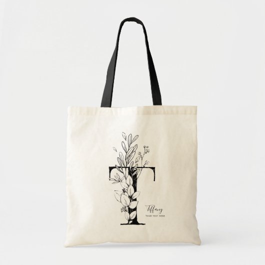 Tote Bag Simple lettre noire et blanche T rustique fleurie (Devant)